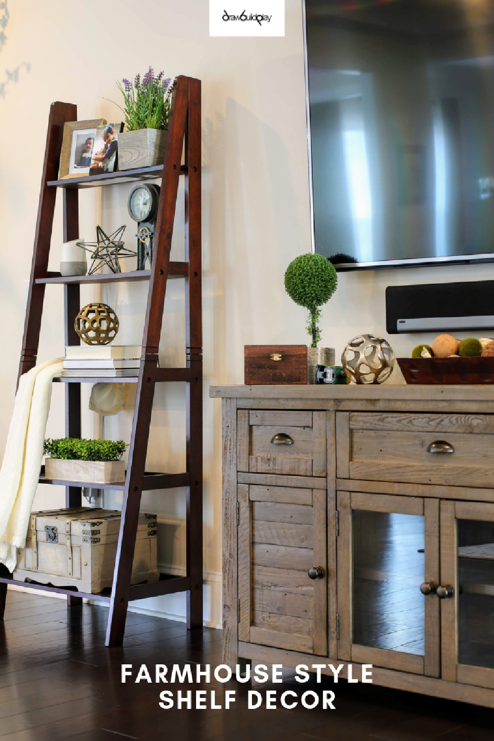 Farmhouse Ladder Shelf Decor (%!s(<nil>), %!s(<nil>), %!s(<nil>)) - Place a ladder shelf in your living room with a beautifully decorated farm house style shelf. This Farm house shelf decor incorporates elements of Hygge for warmth. Use it as a blanket ladder, or decorate it with your favorite farm house shelf decor items. A ladder in the living room compliments your TV and makes a stand out feature.  Continue reading to learn how I decorated our living room ladder shelf.