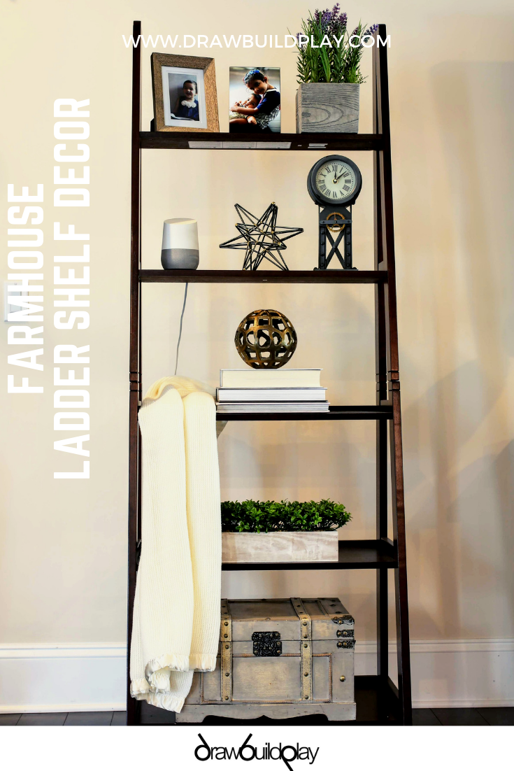This Farm house Shelf Decor incorporates elements of Hygge for warmth. Use it as a blanket ladder, or decorate it with your favorite farm house shelf decor items. #farmhouse #shelfdecor  #ladderdecor #blanketladder #farmhouseshelfdecor #leaningshelf